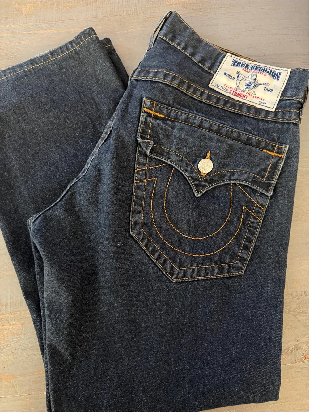 True Religion Dark Blue Straight Leg Jeans with Contrast Stitching